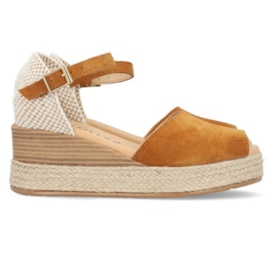 Sandália de cunha castanha com fecho de fivela e sola de corda