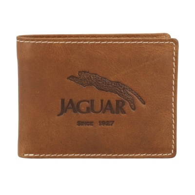 Carteira de couro castanho com logótipo de jaguar e texto