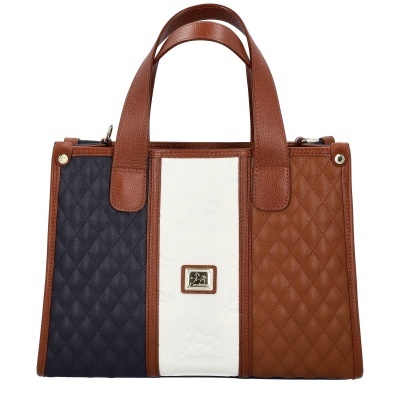 Mala de mão tricolor com alças castanhas e placa metálica