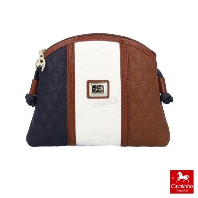 Mala carteira em couro tricolor azul, branco e castanho com logótipo Cavalinho Penafiel