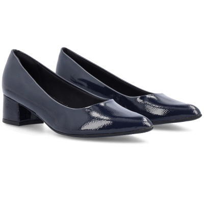 Sapatos de senhora em verniz azul escuro com salto quadrado médio