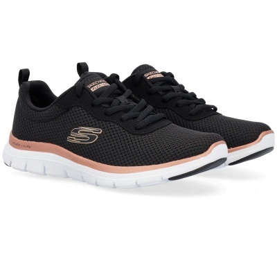 Ténis pretos SKECHERS FLEX LITE com tecido de malha e detalhes em rosa metálico