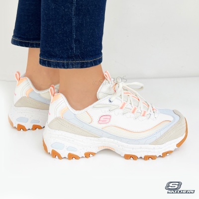 Tênis Skechers branco com detalhes coloridos e sola castanha