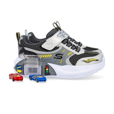 Ténis infantis Skechers com tema de corridas, carros de brinquedo e fecho de velcro