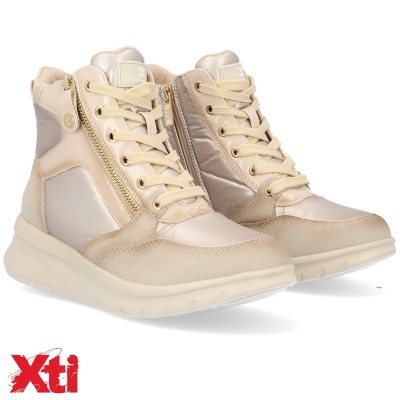 Sapatilhas altas bege com atacadores e fecho zip lateral dourado