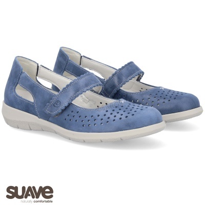 Sapatos Mary Jane azuis em camurça com velcro e sola branca.