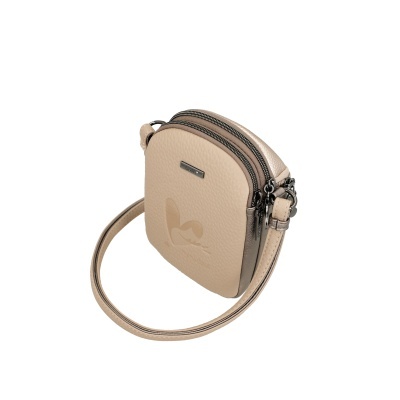 Mala pequena bege com alça e fechos metálicos