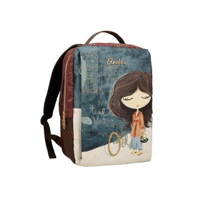 Mochila castanha e azul com desenho de rapariga e bicicleta