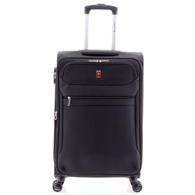 Mala de viagem preta com rodas e puxador telescópico.