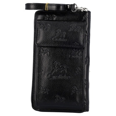 Carteira preta em pele com padrão de cavalos em relevo e texto 'Cavalinho'