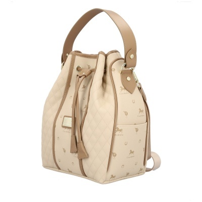 Mala de mão bege com padrão Cavalinho e alça castanha