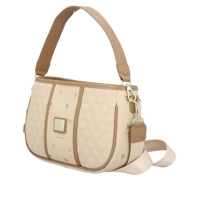 Mala de senhora bege e castanho claro com padrão matelassé e logótipos Cavalinho