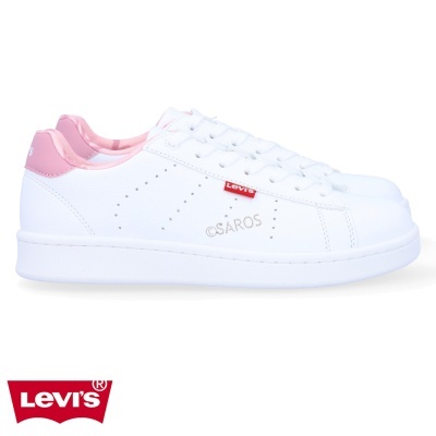 Ténis brancos Levi's com detalhe rosa e etiqueta na lateral