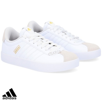 Ténis Adidas brancos com detalhes em bege e dourado