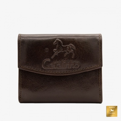 Carteira em pele castanha escura com relevo de cavalo e texto 'SAROS Cavallino'