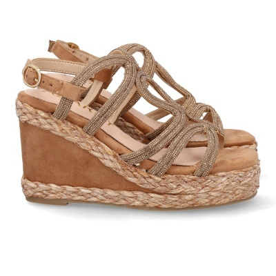 Sandálias cunha castanhas com detalhes dourados e sola de corda trançada