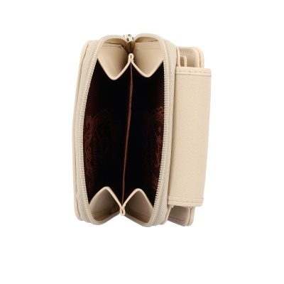 Carteira bege com interior castanho e divisórias