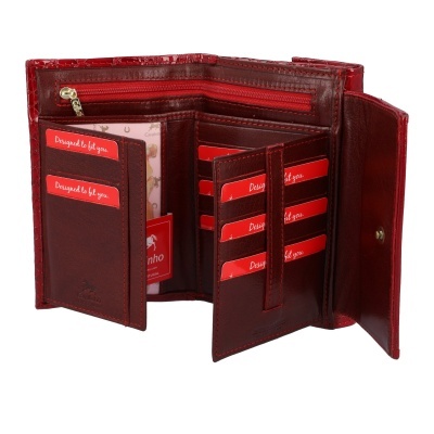 Carteira vermelha em couro com vários compartimentos e cartões