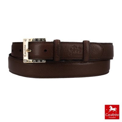 Cinto de pele castanho escuro com fivela prateada decorada com cristais