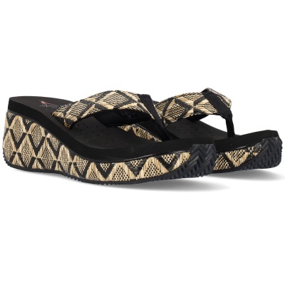 Chinelos plataforma com padrão geométrico bege e preto