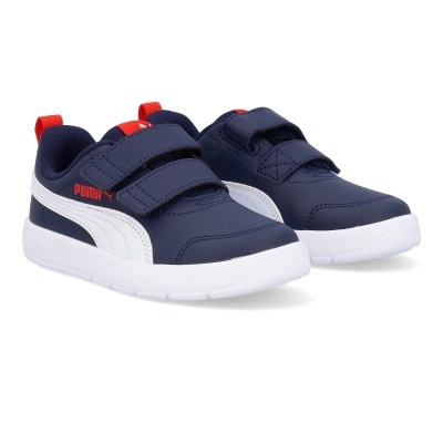 Sapatilhas de criança Puma azul escuro com velcro e detalhes brancos e vermelhos