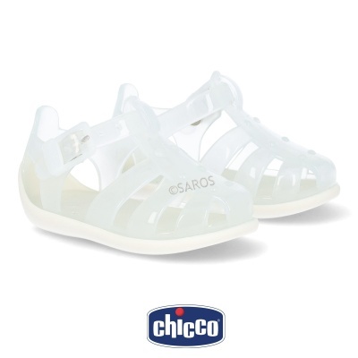 Sandálias de plástico transparentes para criança com fecho de fivela, logótipo Chicco