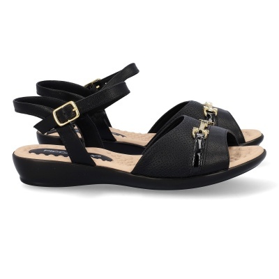 Sandálias femininas negras com tiras e detalhes dourados