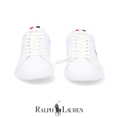 Ténis brancos de pele da Ralph Lauren com detalhe tricolor na parte superior