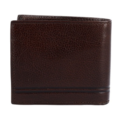 Carteira masculina de couro castanho escuro com costura e linhas decorativas