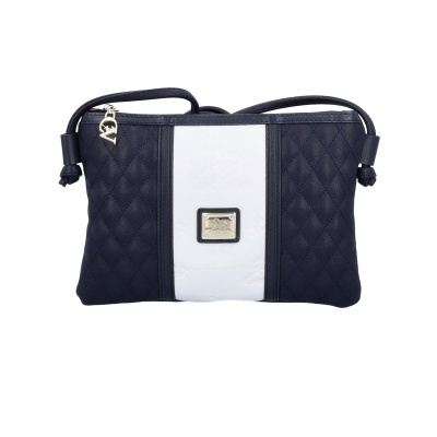 Mala pequena de ombro azul escuro e branca com padrão acolchoado