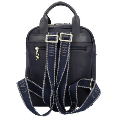 Mochila azul escuro com alças têxteis e fecho de correr frontal
