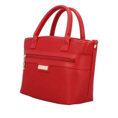 Mala de mão vermelha com alças, bolso frontal e fecho de correr