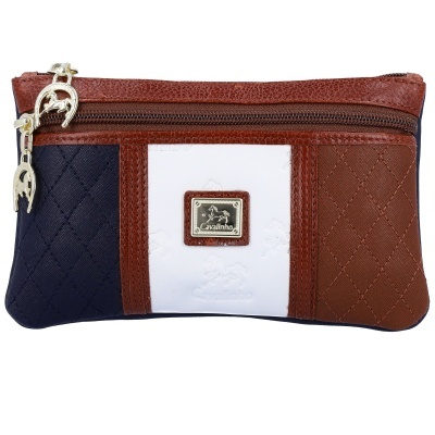 Bolsa de mão em couro sintético azul, branco e castanho com fecho e placa valinho