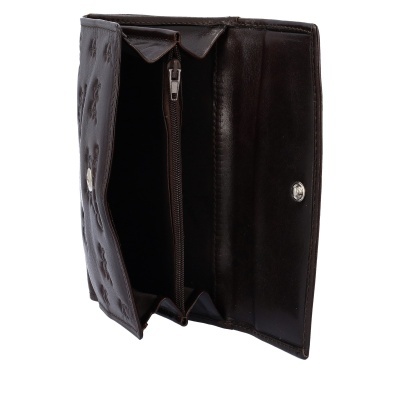 Carteira de pele castanha com padrão e fecho metálico