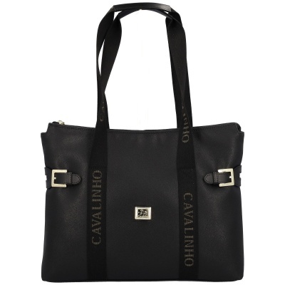 Mala preta tote com alças largas e texto 'CAVALINHO'