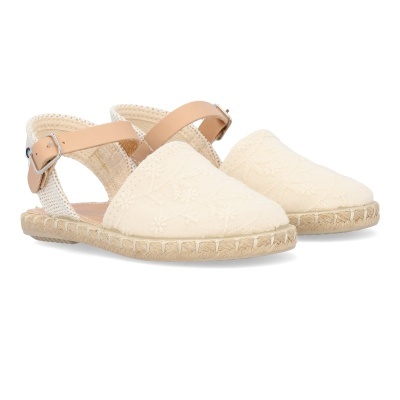 Sandálias de senhora creme com renda, correia castanha e sola de cortiça