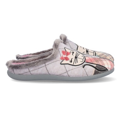Chinelos de quarto cinza com estampa de gato e interior aveludado