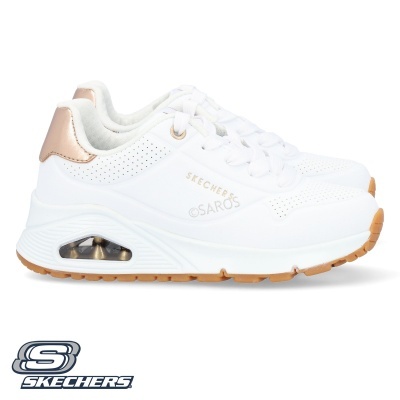 Ténis Skechers brancos com detalhes rosa dourado e sola castanha