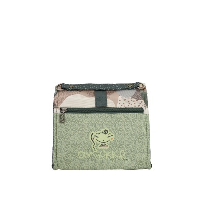 Bolsa ou carteira com padrão de pontos verdes e bege e fecho de correr