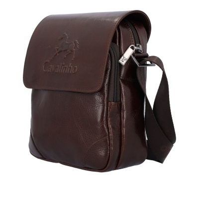 Bolsa masculina de pele castanha com aba e logótipo Cavalinho