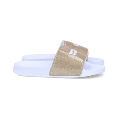 Chinelos de praia brancos com tira dourada glitter e logo Levis