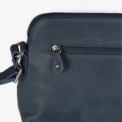 Bolsa azul escuro em couro sintético com fecho de correr e alça ajustável