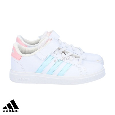 Ténis Adidas infantis brancos com riscas azuis claras e detalhe rosa