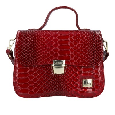 Mala de mão vermelha com padrão de crocodilo e fecho metálico