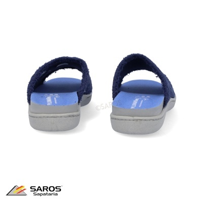 Chinelos de quarto com base cinza e tiras felpudas azul escuro