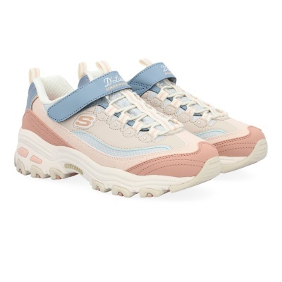 Ténis Skechers DLites azul, bege e rosa com fecho de velcro.