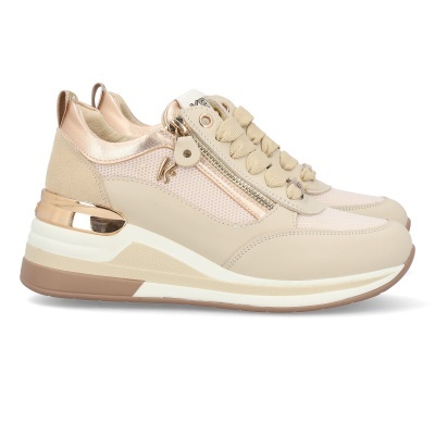 Ténis de senhora em tons bege e dourado com vários materiais e fecho de correr