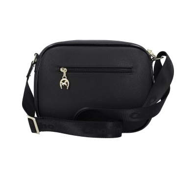 Mala preta rectangular com fecho dourado e alça preta ajustável