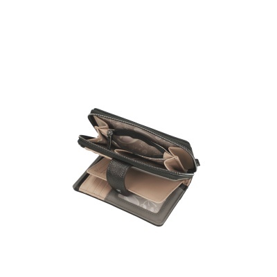 Carteira compacta cinza e bege com vários compartimentos e fecho de correr