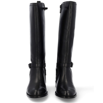 Botas altas pretas de senhora em pele com fivela
